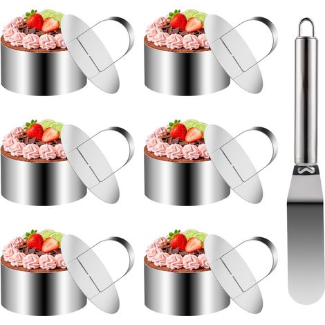 6 x Round Cookie Cutters, 3 in Stainless Steel Pastry Circles, Cake Ring, Presentation Circles for Dessert DIY Mousse with Elevator, 1 Cake Spatula (1/5)