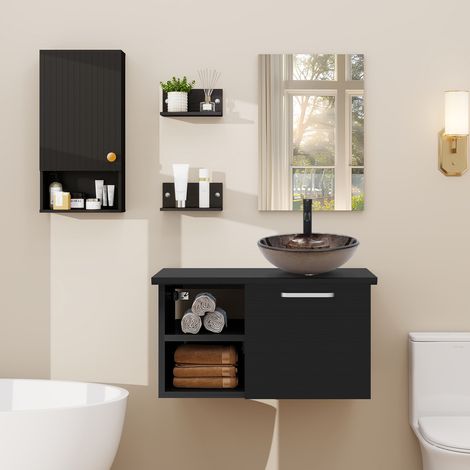 Puluomis Ensemble de meuble-lavabo, meuble mural - vasque, meuble mural à rayures noires, meuble-lavabo en bois noir - avec miroir, vasque -robinet, lavabo à motifs jaunes, ensemble de salle de bain (1/5)