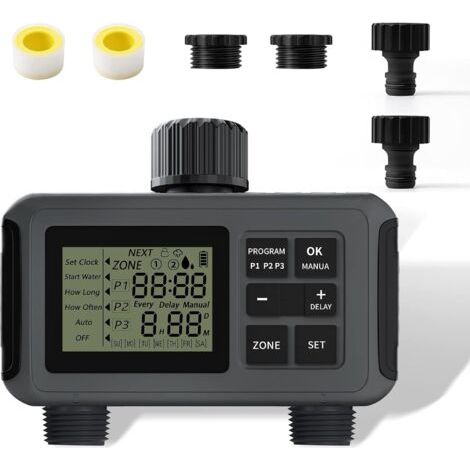 Ordinateur d'arrosage avec 2 sorties, système d'arrosage intelligent avec connexion 3/4 pouce, jusqu'à 6 programmes d'arrosage par jour, minuterie d'arrosage programmable pour jardin, serre, pelouse (1/5)