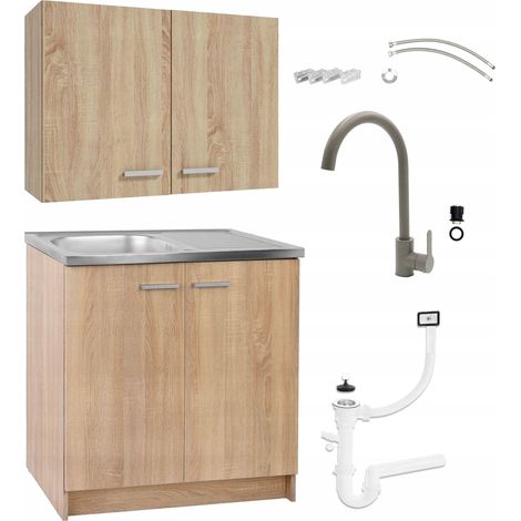 Ensemble Cuisine - Meuble debout 80 cm - Chêne sonoma - Évier inclus - Design moderne et fonctionnel