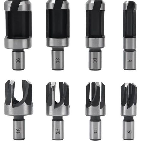 Juego de 8 brocas para tapones de madera, de 6 mm, 10 mm, 13 mm y 16 mm, de acero al carbono, aptas para trabajos de carpintería. (1/4)