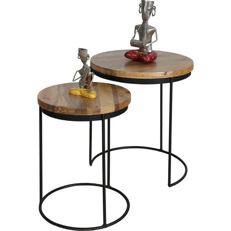 Ravi Iron Base Solid Wood Top Round Stool (Set of 2) - L44 x W44 x H49 cm - Mango Light Finish