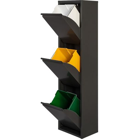 WELLHOME Cubo de basura y reciclaje Metálico NEGRO mate con 3 compartimentos de 17L c/u  - "MOBILIARIO & DECORACIÓN"