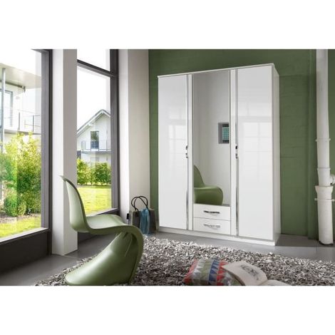 Armoire 3 portes 1 miroir + 2 tiroirs - Decor blanc - L 135 x P 56 x H 199 cm - TRIO (1/2)