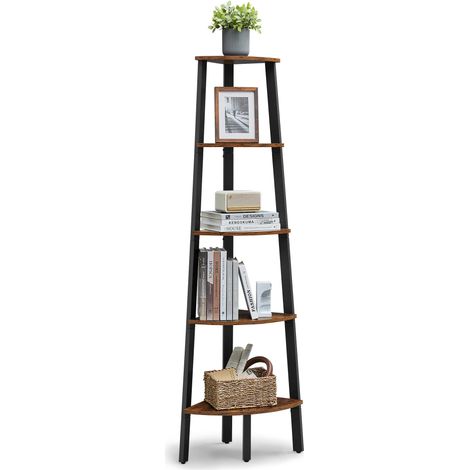 Étagère d'angle, Bibliothèque 5 Niveaux, Étagère Échelle, Meuble de Rangement, Porte-Plante pour Salon, Style Industriel, avec Cadre en Acier, Marron Rustique et Noir (1/5)