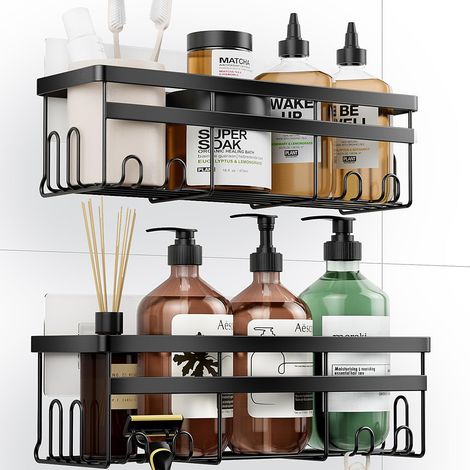 APEX Étagère de douche adhésive, organisateur de salle de bain sans perçage, accessoires de salle de bain, noir, lot de 3 (1/5)