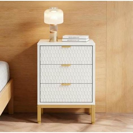 Nachttisch modern mit 3 Schubladen, Holzwerkstoff in Weiß, Metallgestell Gold, 3D-Wabenfront