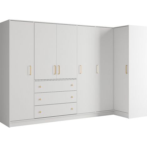 Armadio angolare 6 ante e 3 cassetti L311 cm Bianco - LIZANDRO