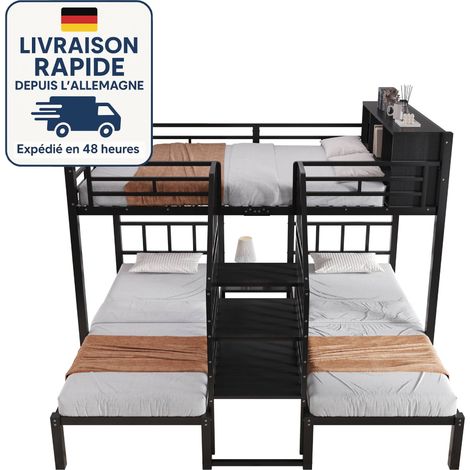 Litera metálica de 90x200cm + 140x200cm - Tres plazas para dormir - Escalera con barandilla - Cama superior con almacenaje - Negra (1/5)