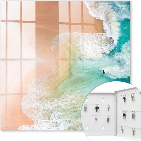 Armoire à clés - (30 cm x 30 cm) - Boîte à clés murale - Coffret de rangement pour clés - Couleur blanche - Ouverture vers la droite - Pour maison et bureau - Plage turquoise (1/5)