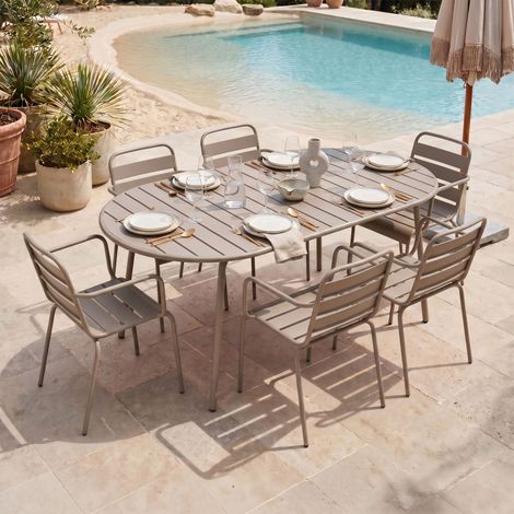 Ensemble table de jardin ovale + 6 fauteuils en métal taupe - BACA (1/5)