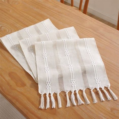 Chemin de table bohème, couleur crème, style champêtre, à pompons, décoration de mariage, petit jacquard double face blanc cassé, 33 x 305 cm (1/5)