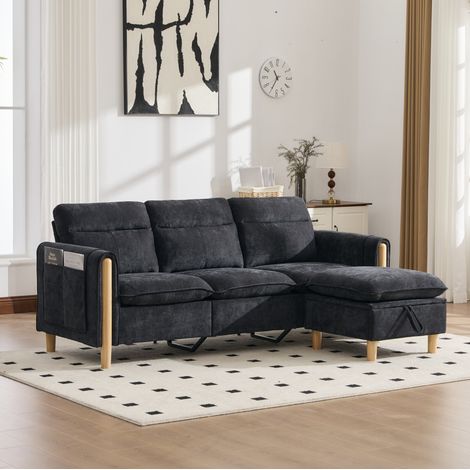 Divano angolare a 3 posti in ciniglia nera con pouf contenitore, tasche laterali e piedini in legno (1/5)