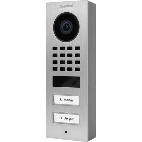 DoorBird Videoportero IP D1102V en superficie, acero inoxidable V2A, cepillado, 2 botones de llamada, incluye carcasa de montaje
