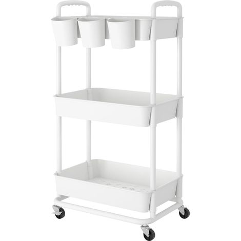 1 Chariot de Rangement à 3 Niveaux, Roues Verrouillables, Poignées Intégrées, Gobelets Suspendus, pour Cuisine Salon Salle de Bain (1/5)