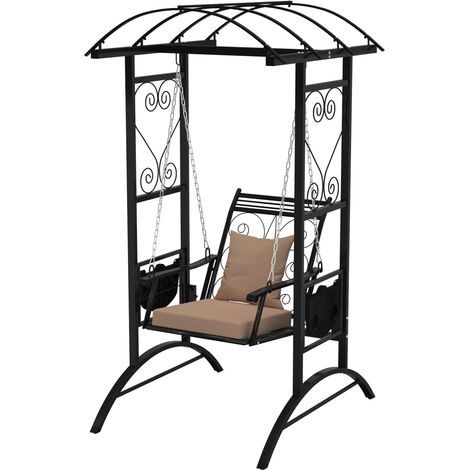 GOPLUS Balançoire de Jardin1 Personne, Balancelle Chaise Hamac Suspendue avec Toit Arqué, Coussins Doux, Hauteur Réglable, Métal avec Support pour Terrasse, Balcon (Noir,197x141x110cm)