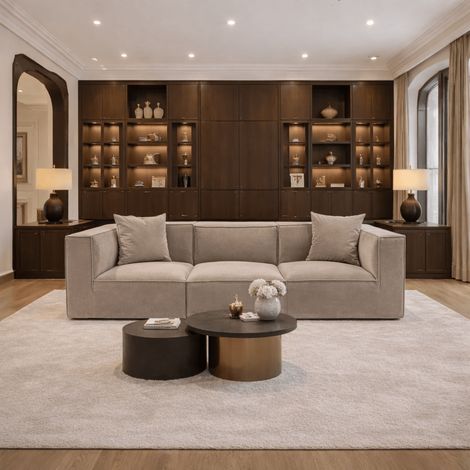 Modulares XXL-3-Sitzer-Sofa Sora, 325 cm breit, in beigem Leinen