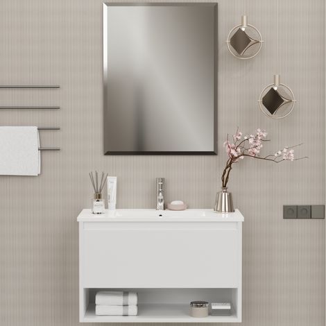 Set Mobile Bagno Sospeso 80 cm Lavabo e Specchio, 1 Cassetto 1 Vano Multiuso Salvaspazio, Ceramica e Legno, Moderno - Bianco (1/5)