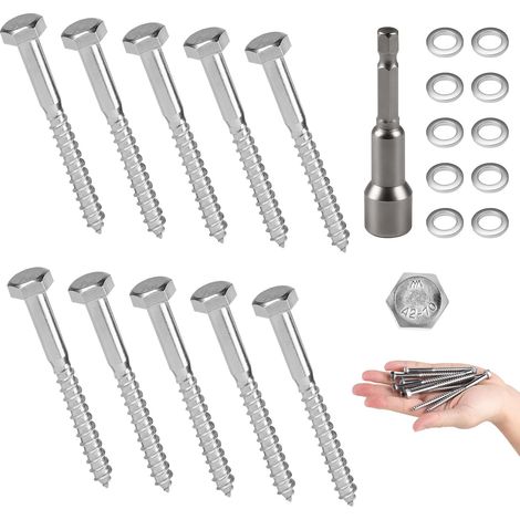 10 PCS Vis Tire-Fond Avancées Tête Hexagonale M6 x 80 mm Inox AISI 304 (A2), Tirefond Beton avec Rondelles et Clé à Six Pans, Vis à Bois Tête Hexagonale Autoperceuse, pour Assembler le Bois (1/5)