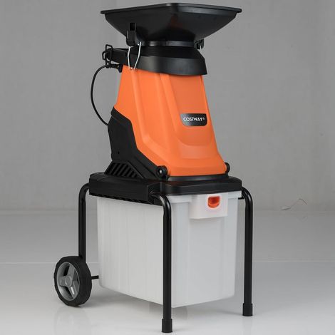 Broyeur de végétaux électrique orange 3000W avec bac de collecte 50L, trémie amovible et coupe 45 mm pour jardin et compostage