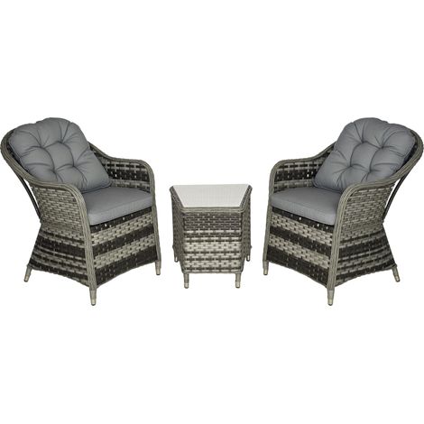 Outsunny 3 PCS Aluminium Rattan Bistro Set with Soft Cushions & Glass Top (1/5)