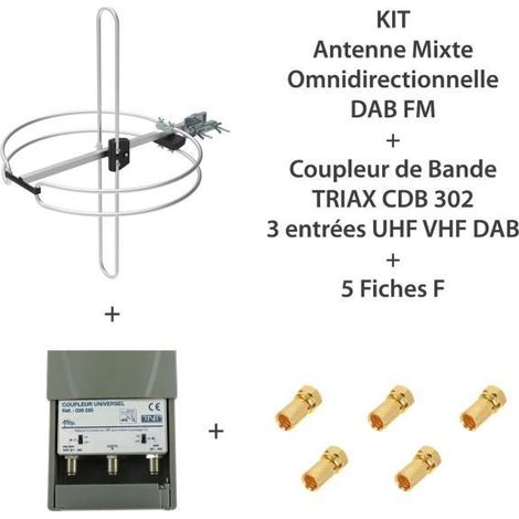 Antenne terrestre omnidirectionnelle DAB FM – Coupleur 2 entrées FM – VHF UHF – Aluminium avec connexion blindée – Signal renforcé – M-E (1/4)