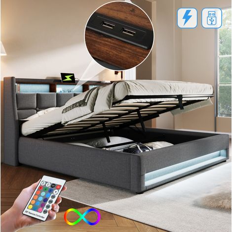 Cama tapizada 160/200 cm gris de lino con LED, USB y arcón abatible (1/5)