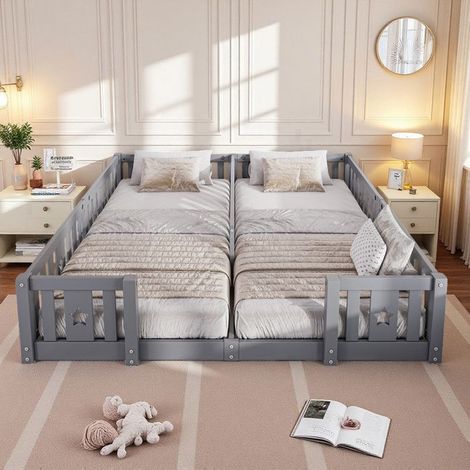 Cama infantil doble 180x200 cm de madera maciza de pino gris - Cama con barrotes estrellas marco solo sin lamas - Cama de diseño infantil moderna