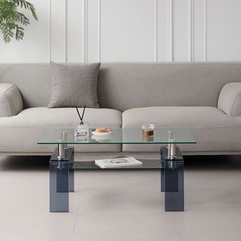 Table basse en verre trempé transparent, à thé du salon avec pied en verre gris