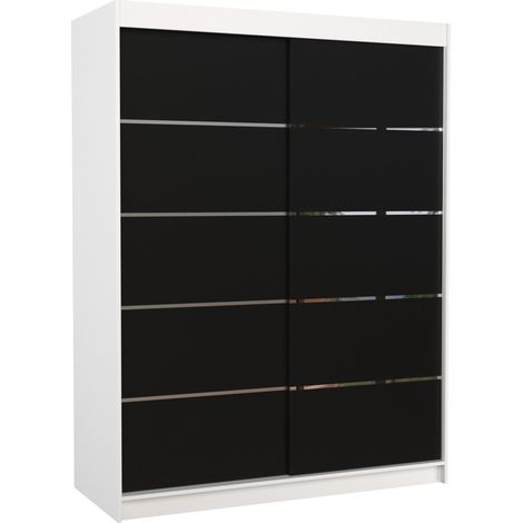 Armoire de chambre à coucher blanche 2 portes coulissantes bois noir et alu Kubik 150cm (1/5)