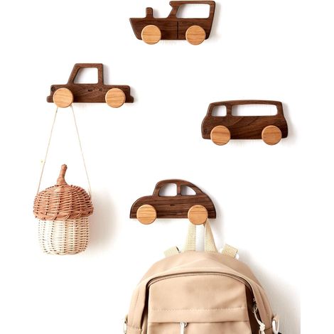 Porte-manteaux muraux pour enfants – Patères robustes en noyer en forme de voiture, idéales pour salle de bain, chambre de bébé et entrée – Lot de 4 (1/5)