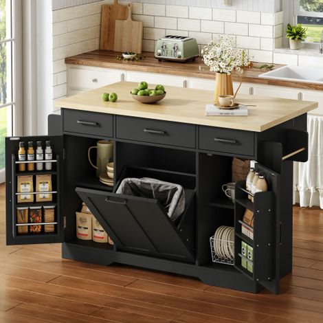 Îlot central cuisine mobile avec plateau extensible 120x45(70)x87 cm, meuble cuisine avec poubelle intégrée, rangement multifonction, tiroirs, étagères à épices et roulettes (1/5)