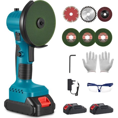 21V cordless angle grinder with 180° adjustable head angle, 19500RPM powerful mini angle grinder with 2 x 2.0Ah batteries, 6 x 76mm discs, for cutting, grinding, and polishing.