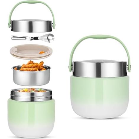 Récipient isotherme pour aliments 1200ML,Boîte à lunch avec couvercle,Récipient de maintien au chaud en acier inoxydable avec cuillère pliable,pour le stockage de farine,soupe,déjeuner,fromage (Vert) (1/5)