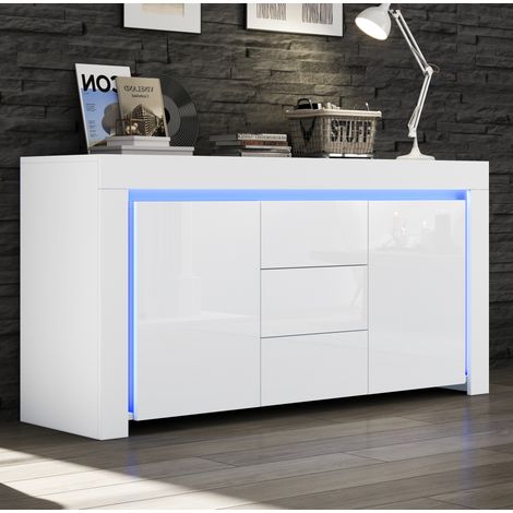 Aparador moderno 140x40x65 cm con 2 puertas, 3 cajones, LED, acabado brillo, MDF blanco (1/5)