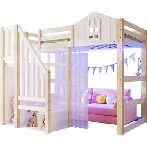 Hochbett 90 x 200 Cm Mit LED, Stauraumleiter Und Vorhang, Ohne Matratze, Aus Kiefernholz, Weiß Und Natur (1/5)