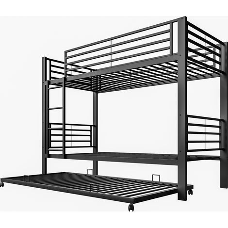 Metall-Hochbett schwarz 90x200 mit Ausziehbett, Leiter und Rausfallschutz für 3 (1/5)