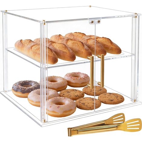 2 Tier Bakery Display Case with Magnetic Door, Clear Acrylic Display Case for Kitchen Countertop, Pastry Display Stand, Keep Fresh for Donuts, Bagels, Cakes (1/5)