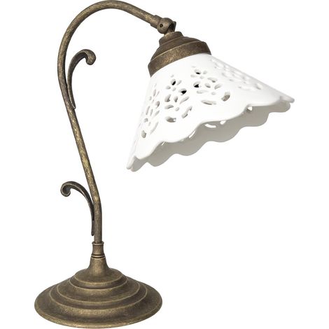 Tischleuchte Messing massiv Keramik E27 36 cm in Bronze Antik matt Weiß Rustikal Keramiklampe