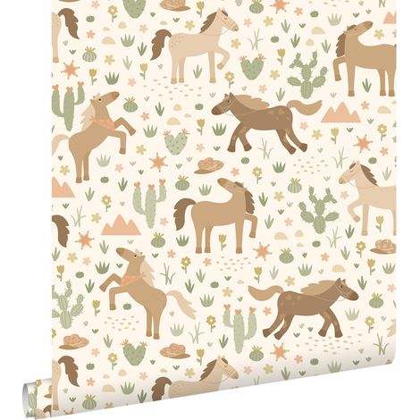 papier peint cheveaux beige, marron et vert - ESTAhome (1/5)
