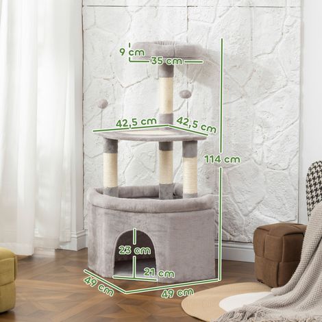 Kratzbaum-Spielturm für Katzen, Sisal-Kratzstämme, Plattform, Versteck, Plüschbezug, Bälle. 49 x 49 x 114 cm, hellgrau (1/5)