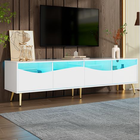 Mueble TV 180 x 40 x 50 cm blanco con LED y frontal de vidrio, almacenamiento