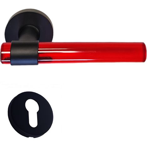 Tiradores de puerta de cristal de plexiglás ROJO «JOY» sobre patas de acero inoxidable negro.  +1 Par de rosas cilíndricas