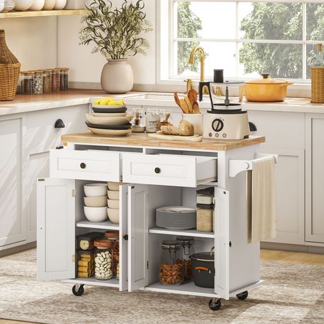 Desserte ilôt de cuisine multi rangements 2 tiroirs 2 placard 2 portes avec étagère range-bouteille porte-torchons et étagère réglable MDF blanc hévéa