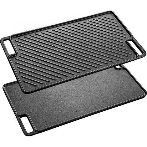 Plaque à Steak en Fonte, Plaque de Cuisson Barbecue en Fonte pour la Viande et Steak,Poêle Deux Côtés Utilisables de, Convient Induction, Grille Électrique, Gaz ou Charbon - 45.5cm x 26cm (1/5)