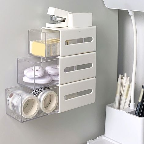 Boîte de rangement murale à tiroir en plastique sans perçage, idéale pour les cotons-tiges et les pinces à cheveux (salle de bain). (1/5)