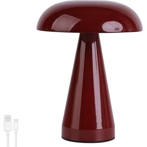 Lampe de Table Champignon LED Sans Fil Rechargeable USB, Tactile Dimmable, Lampe Décorative Portable pour Chambre Salon Bureau, Rouge (1/5)