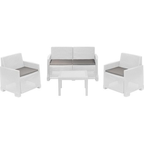 Ensemble de Salon d'extérieur Vieste, Composition de Jardin avec 2 fauteuils, 1 canapé et 1 Table Basse, Effet rotin avec Coussins, Blanc (1/3)