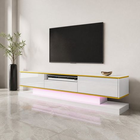 Mueble TV 180x38x45 cm de paneles de madera blanco con almacenaje para salón moderno FloraGrace (1/5)