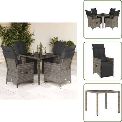 The Living Store Ensemble de bistro de jardin 5 pcs coussins gris poly rotin - Salon De Jardin - Set De Salon De Jardin - Meuble De Jardin - Fauteuil Pliable - Fauteuil Inclinable